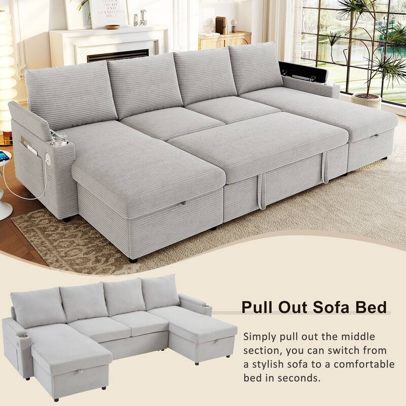 U-Shaped Sectional Sofa Convertible Sleeper Sofa with Dual Storage Chaise Lounges, Cup Holders, USB, Storage Boxes and Pockets - Grey