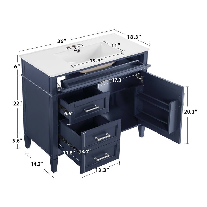 Modern 36" Freestanding Bathroom Vanity Cabinet Wood Frame with Ceramic Sink and Divided Drawers