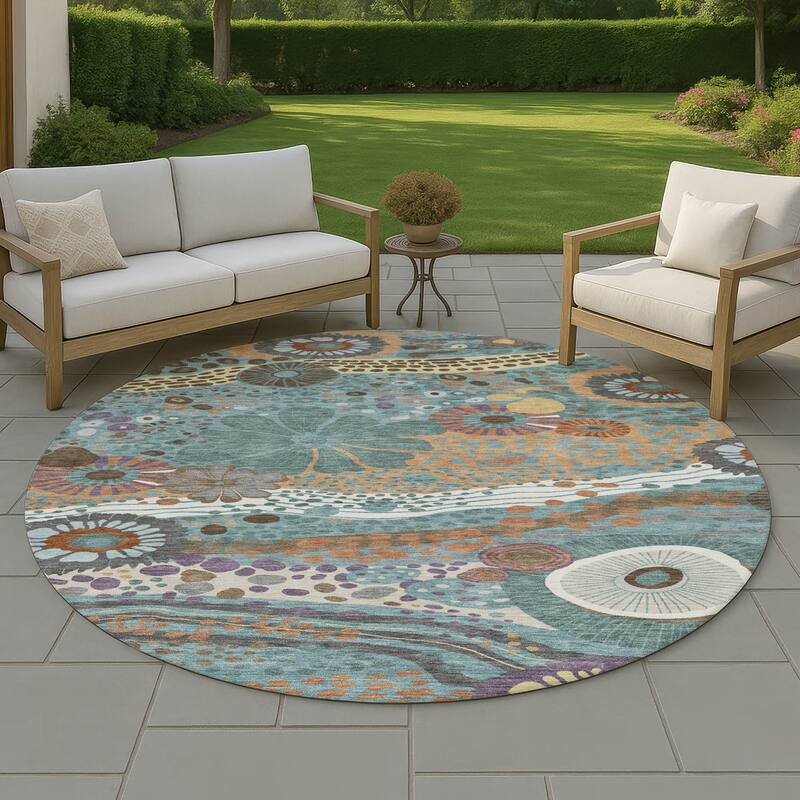 Machine Washable Indoor/ Outdoor Whimsy Floral Chantille Rug - Teal - 8' x 8'