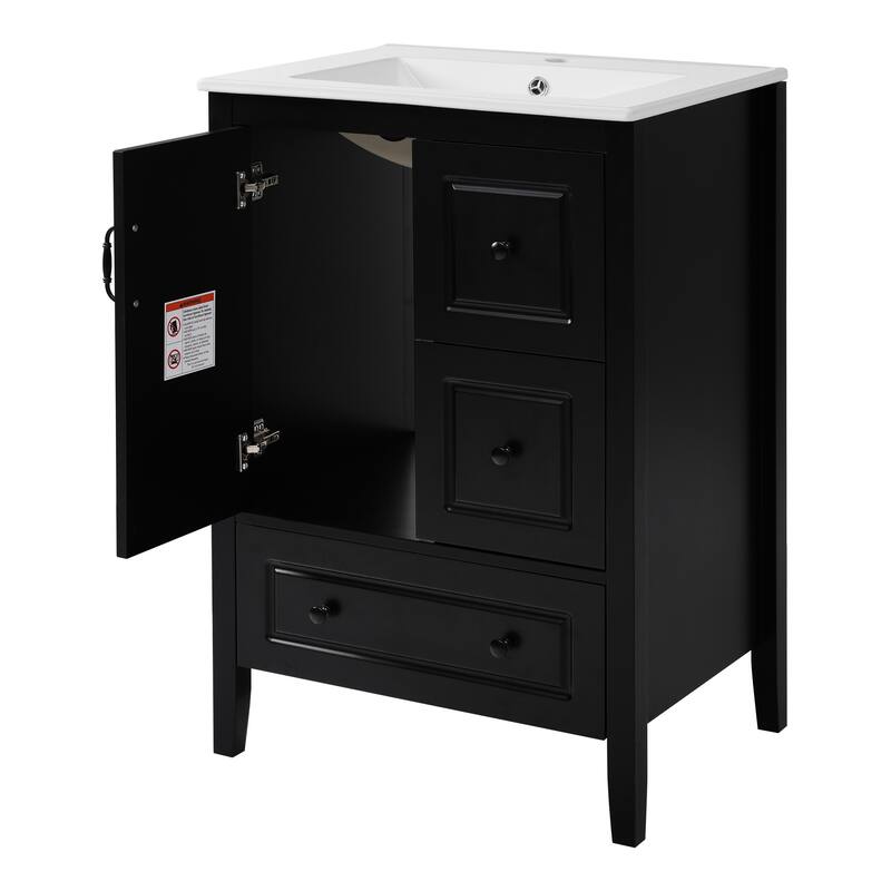 24 inch Bathroom Vanity with Sink, One Cabinet with Soft-closing Door, 3 Soft-closing Drawers, Retro Metal Handles