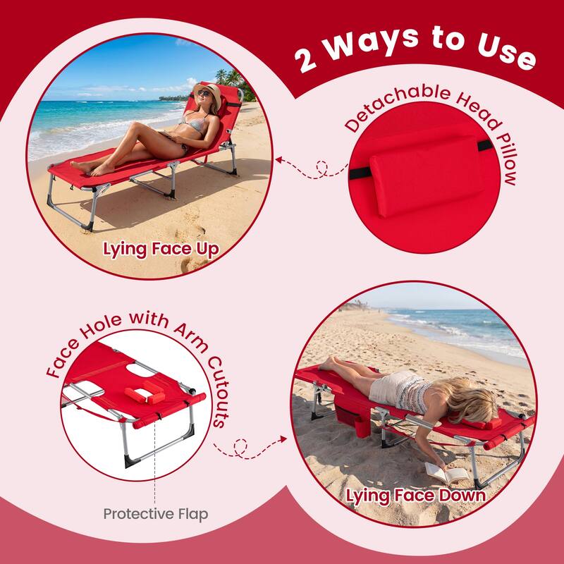 Gymax Tanning Chair w/ Face Arm Holes 4-Level Backrest & Head Pillow