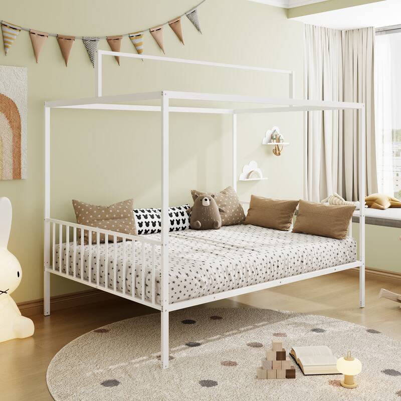 3-in-1 Convertible Metal Bed for Kids, Toddler Floor Bed, Fenced Bed and Montessori Elevated Bed with House-shaped Frame