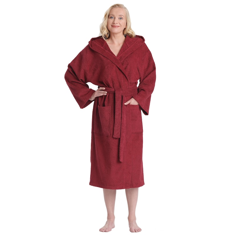 Women's Turkish Cotton Hooded Bathrobe - Burgundy - S/M