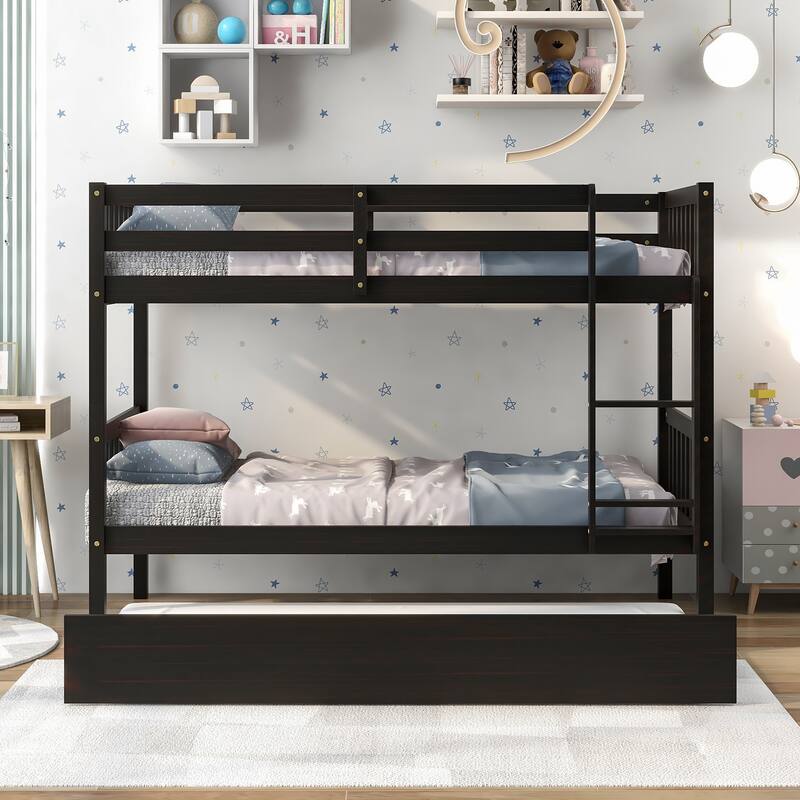 Twin/Full Size Bunk Bed with Trundle, Convertible to 2 Platform Bed
