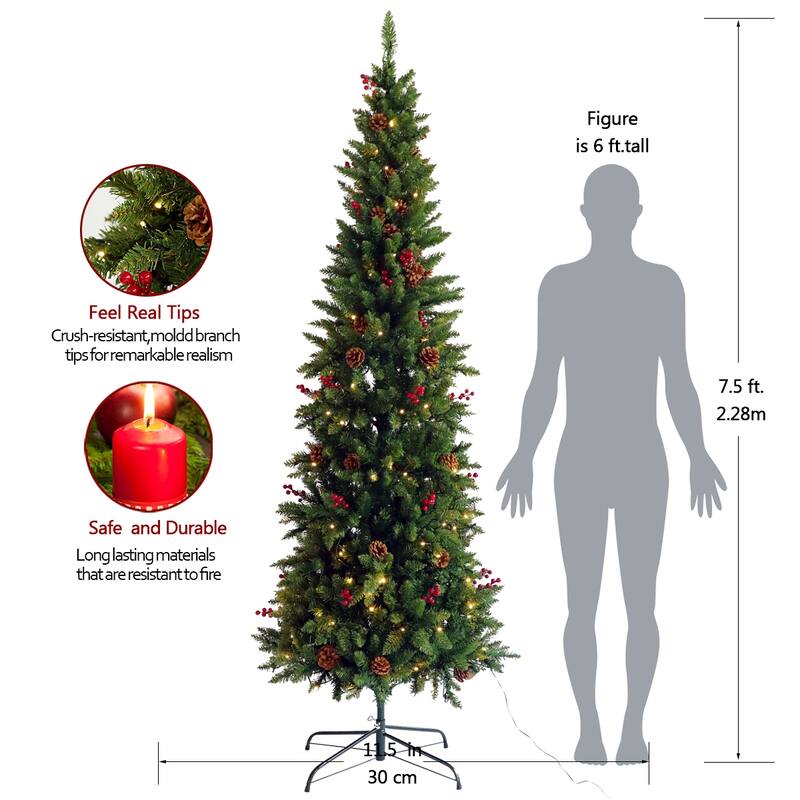 Artificial 7.5ft Slim Christmas Tree Pre-lit with Cones and Berries ...