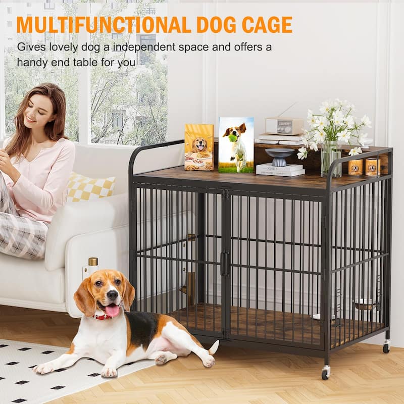 Dog Crate with Wheels, Adjustable Feeder, Storage Shelf, Table Top