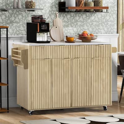 Fluted 55.5" Kitchen Island with Drop Leaf, Rolling Island Table with Drawers, Power Outlet for Functional Kitchen Organization