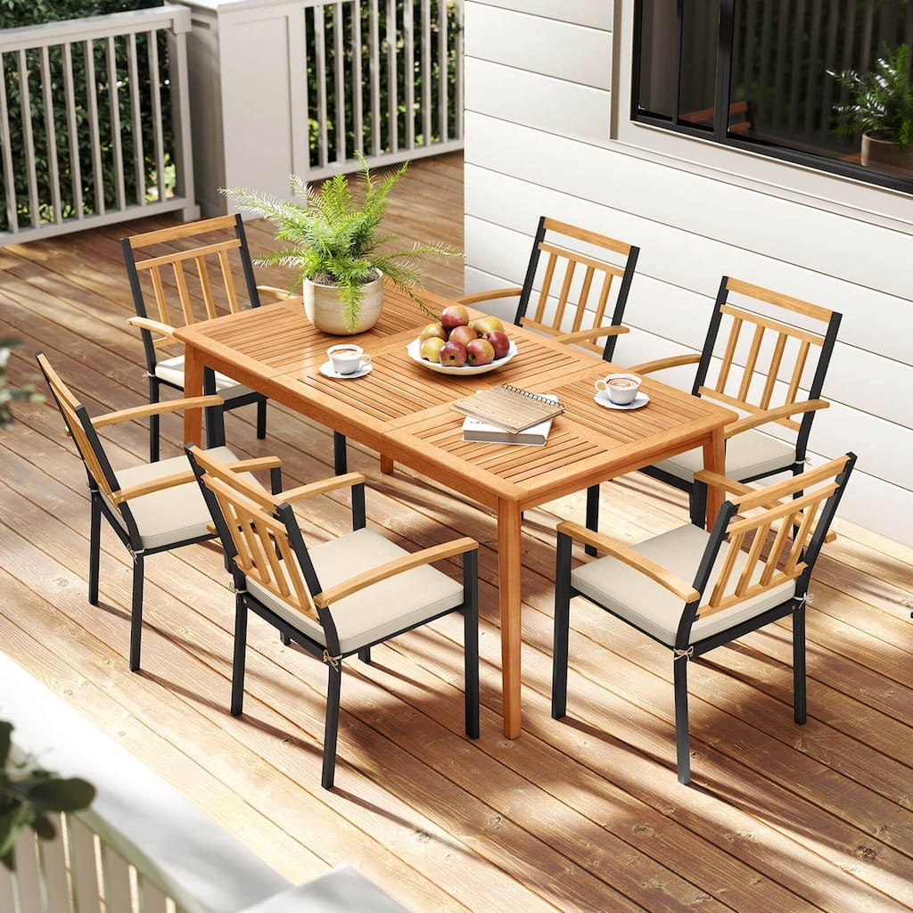 Costway 7 PCS Patio Acacia Wood Dining Set with Soft Seat Cushions