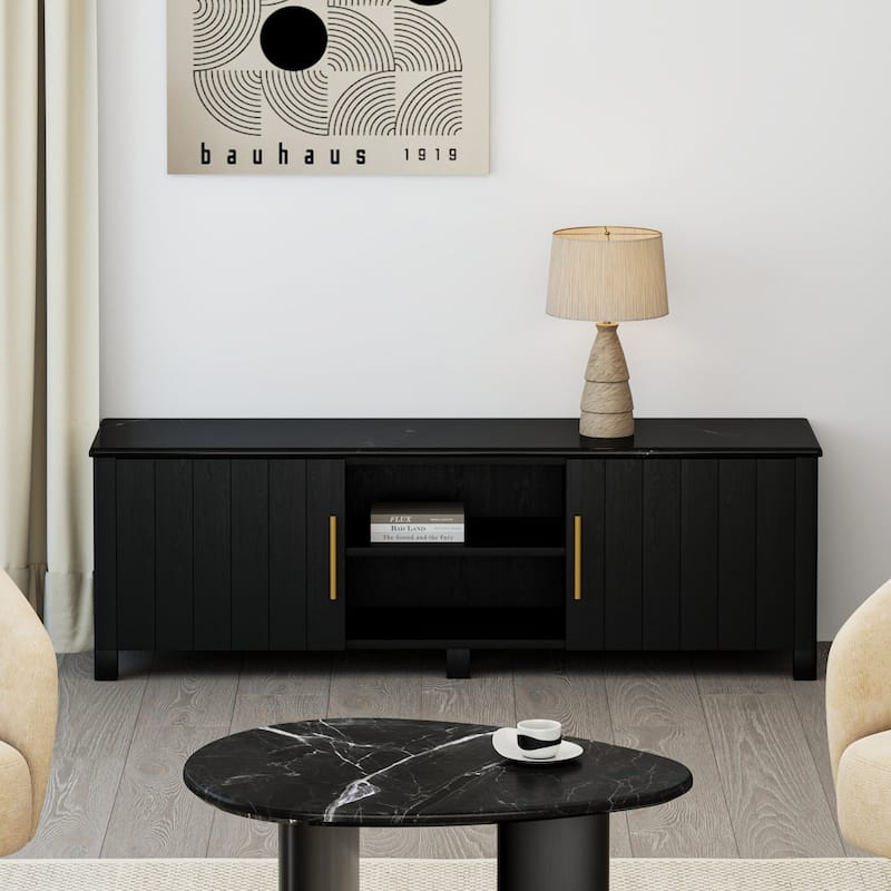 Mid-Century Modern Solid Wood & Marble Media Cabinet
