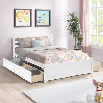 White Panel Bed Frame Full Size Platform Bed Wood Bed with 4 Storage Drawers and Headboard, Space-saving Bed