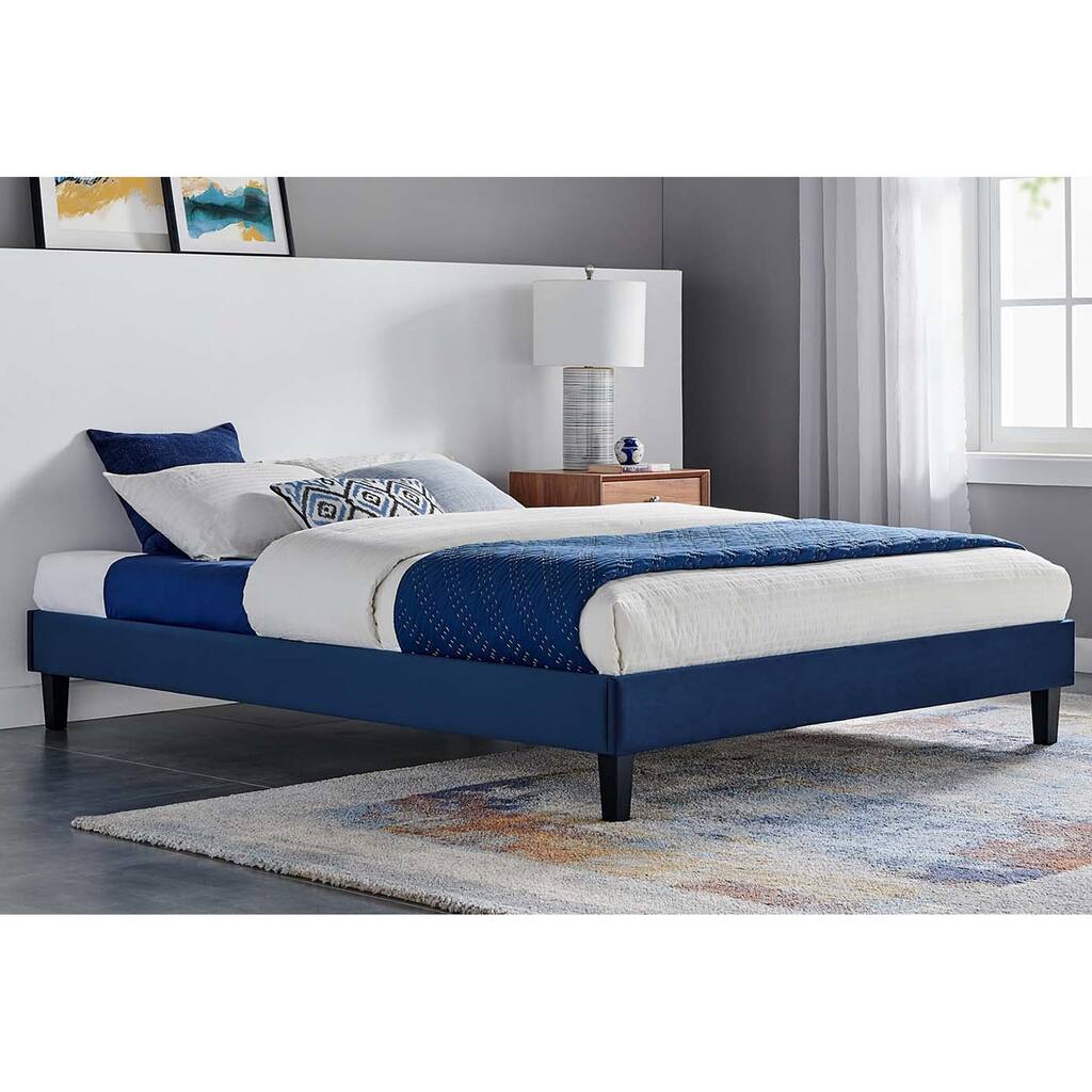 Norwalk Modern Blue Velvet Upholstered King Size Platform Bed Frame