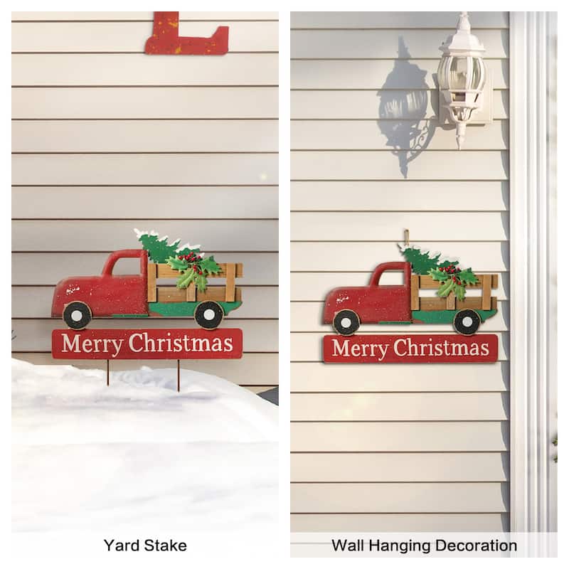 Glitzhome 24"H Metal Christmas Truck or Dog with Gift Cart Yard Stake