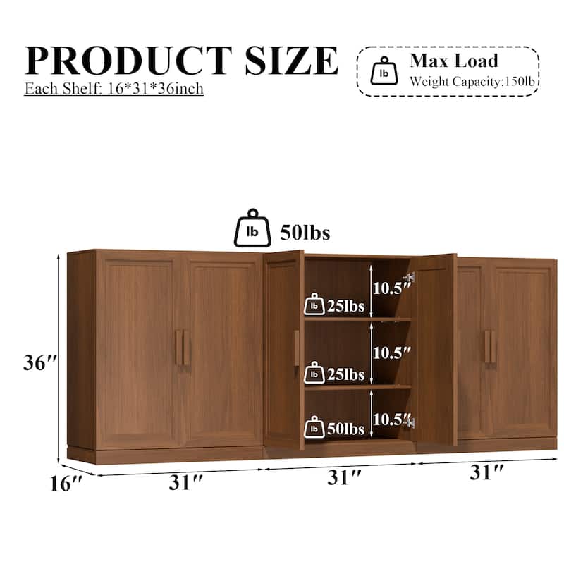 3-Set Wooden Door Sideboard Buffet Storage Cabinets with Adjustable Shelves - 93"Lx36"H