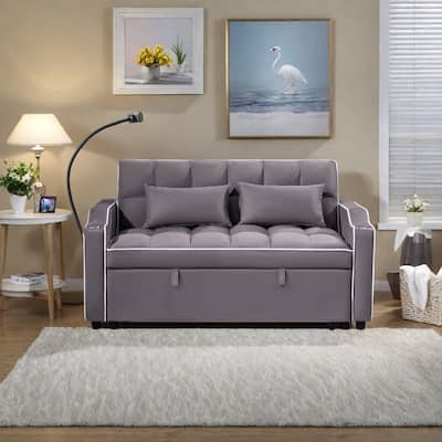 55.11" Suede Multi-Position Folding Sofa Bed with USB Charging Port, Rotating Phone Stand, and Ashtray