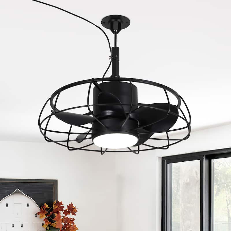 20" Industrial Black Outdoor Caged Ceiling Fan Chandelier with Light and Remote