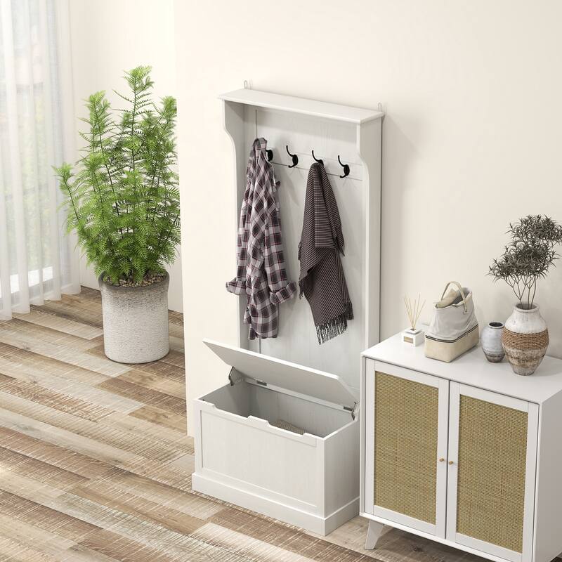 Multifunctional Hall Tree with Storage Bench, Coat Hooks & Shoe Storage MDF Wood Steel Hardware - 28.25" W x 15.5" D x 67" H