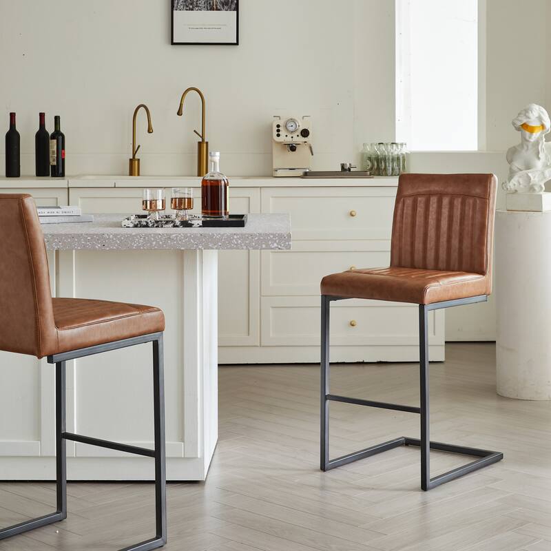 Set of 2 Bar Stool - 26-Inch Counter Height, Vertical Tufted Backrest, Sturdy Black Metal Frame with Footrest