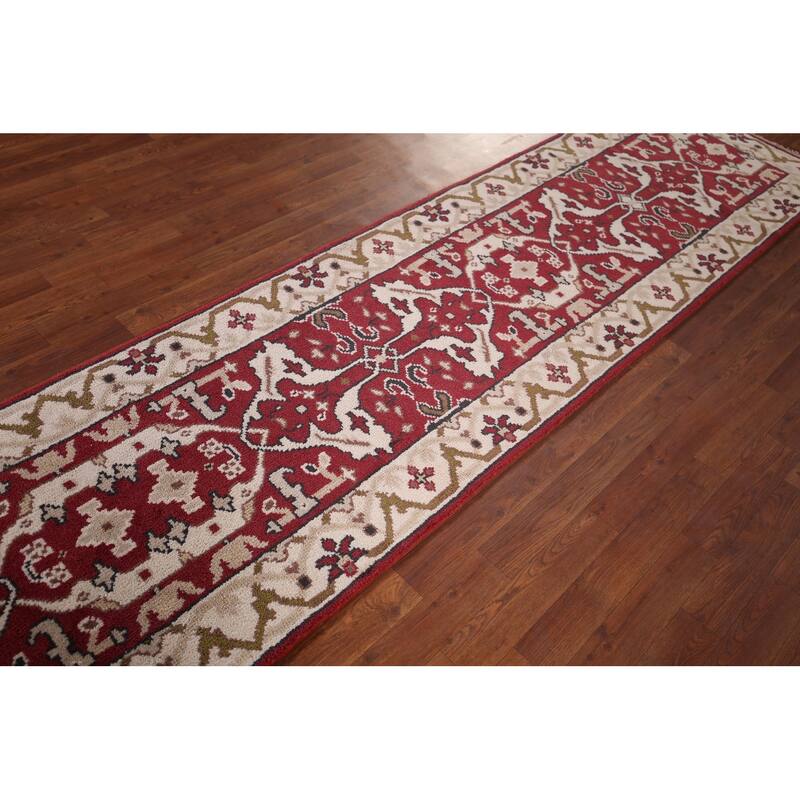 All-Over Red & Ivory Oushak Indian Runner Rug Handmade Wool Carpet - 2'6"x 9'9"