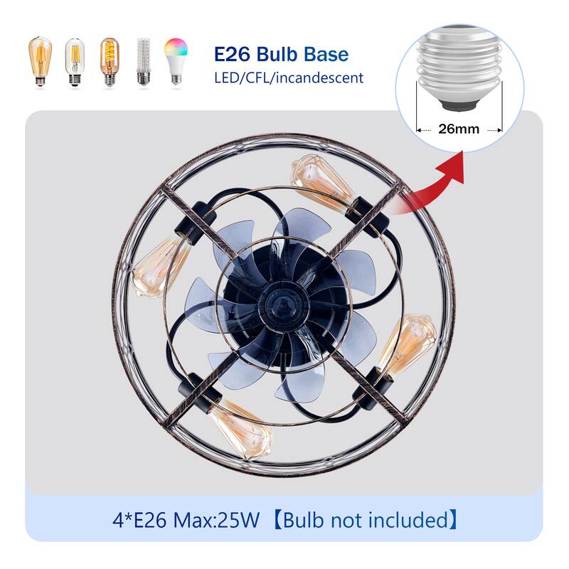 20 inch Flush Mount Ceiling Fan Light with Remote Caged Farmhouse Fandelier Black Wood Low Profile