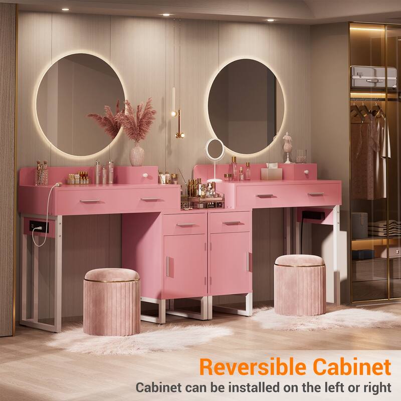 Reversible Makeup Vanity Desk With Charging Station and 4 Wooden Drawers and 1 Cabinet