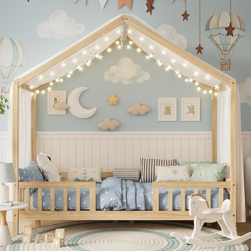 Whimsical Montessori-Inspired Floor Bed with Canopy & Full Safety Rails by Harper&Bright Designs