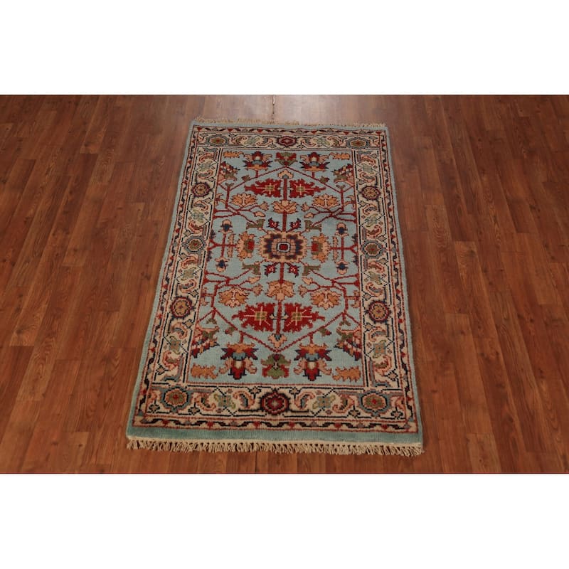 Light Blue Floral Oushak Indian Foyer Rug Handmade Wool Carpet - 2'11"x 5'1"