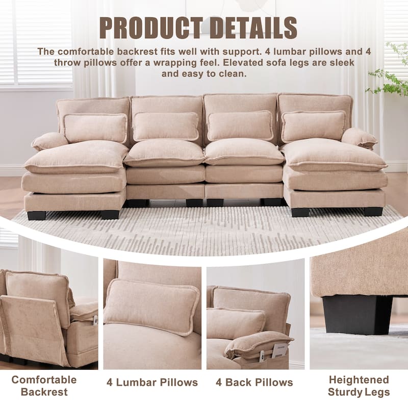 HOMEFUN Chenille Upholstered U-Shaped Modular Wood Frame Sleeper Sectional Sofa with Double Chaise