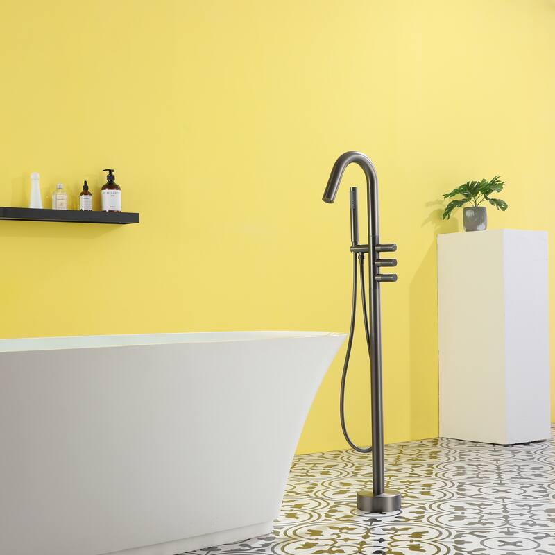 Freestanding Floor Mount 3-Handle Bath Tub Filler Faucet with Handheld Shower