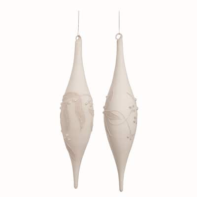 Transpac Glass White Leaf Icicle Ornament Set of 2 Christmas Home Decorations - Multicolor