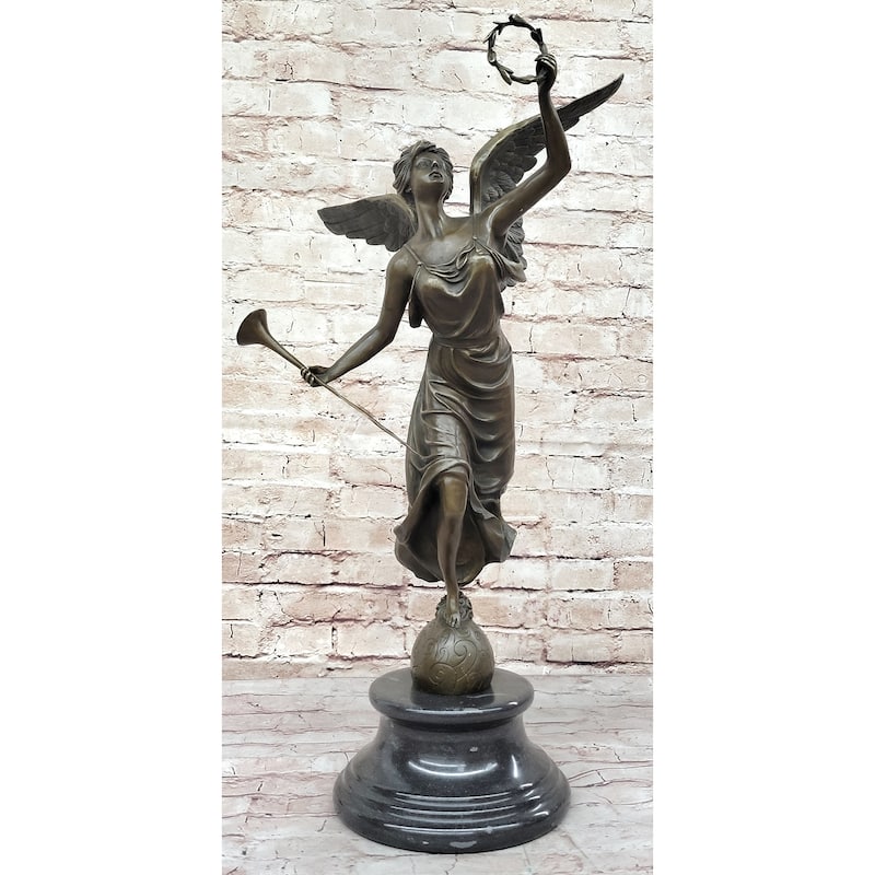 Angel Winged Female Figure Holding Wreath Trumpet Horn Bronze Sculpture Statue By Moreau