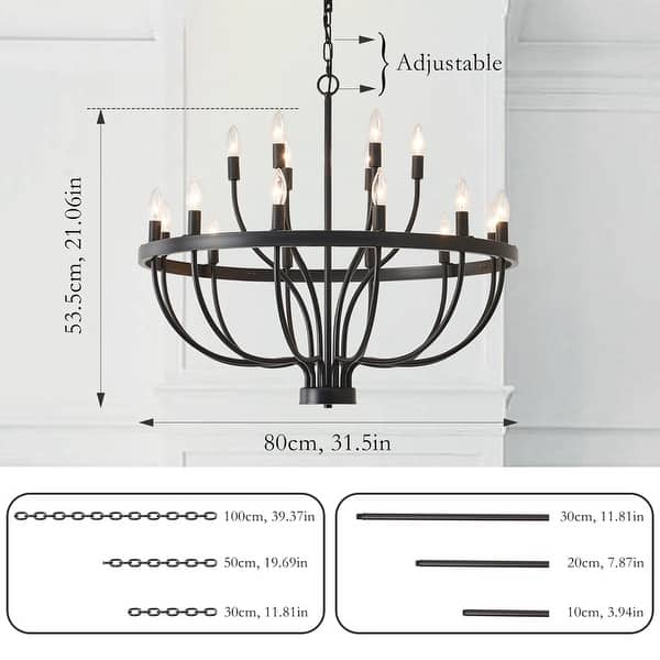 dimension image slide 2 of 4, Modern Farmhouse Candle Chandelier Black Large Wagon Wheel Chandeliers