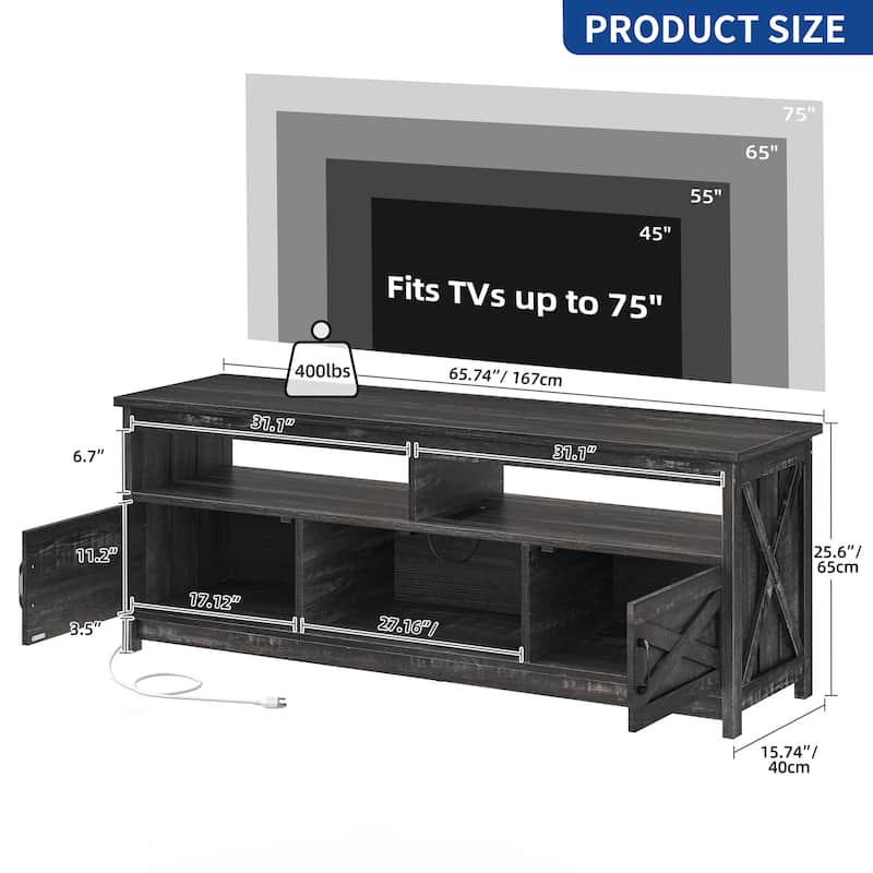 Farmhouse TV Stand for up to 65" TV with Doors and Open Shelves Media Console Power Outlet