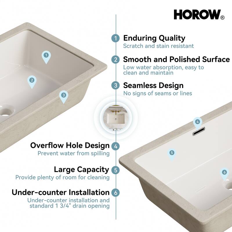 HOROW 23.63 in Rectangular Undermount Ceramic Bathroom Sink in Biscuit with Overflow Drain