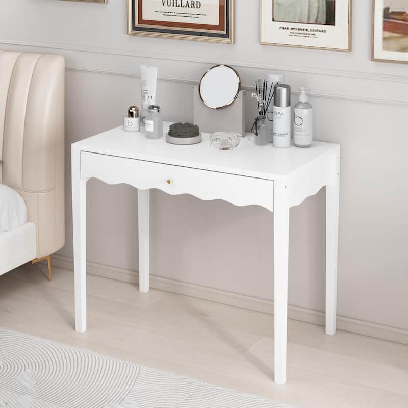 35.43"Vanity Desk with Drawer - Modern Makeup Table with Scalloped Front & Gold Knob, Compact Writing Desk with 4 Sturdy Legs