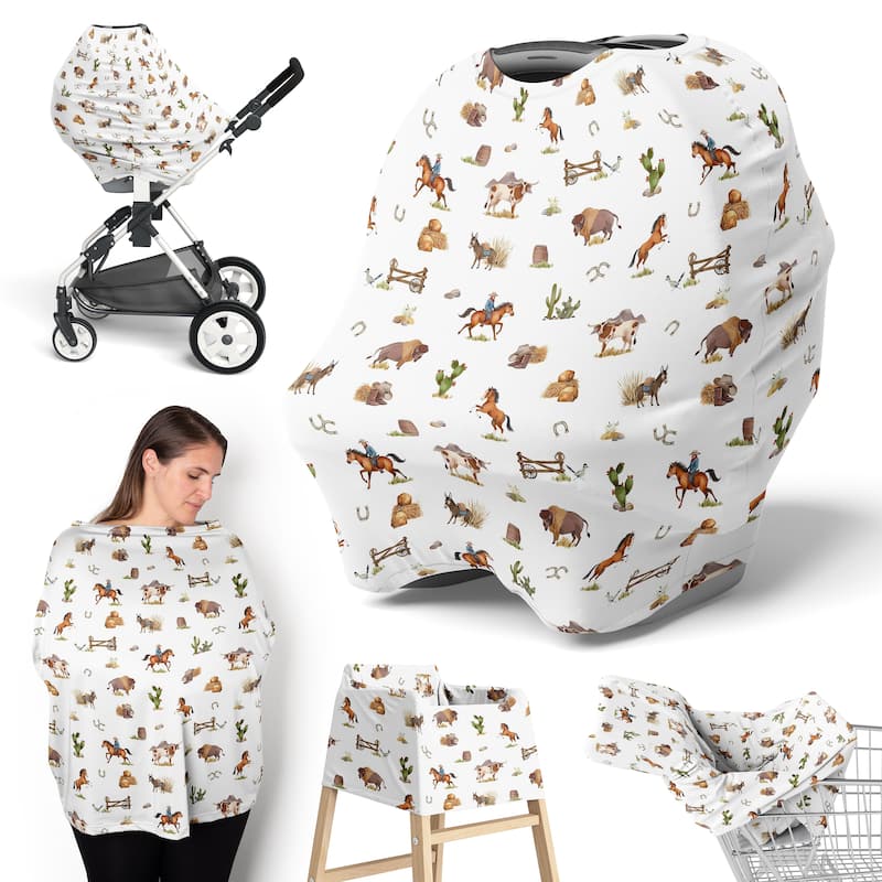 Sweet Jojo Designs Western Cowboy Boy 5 in 1 Baby Car Seat and Nursing Cover Wild West Southern Horse Steer Cow Farm Animal Tan