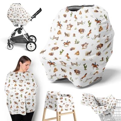 Sweet Jojo Designs Western Cowboy Boy 5 in 1 Baby Car Seat and Nursing Cover Wild West Southern Horse Steer Cow Farm Animal Tan