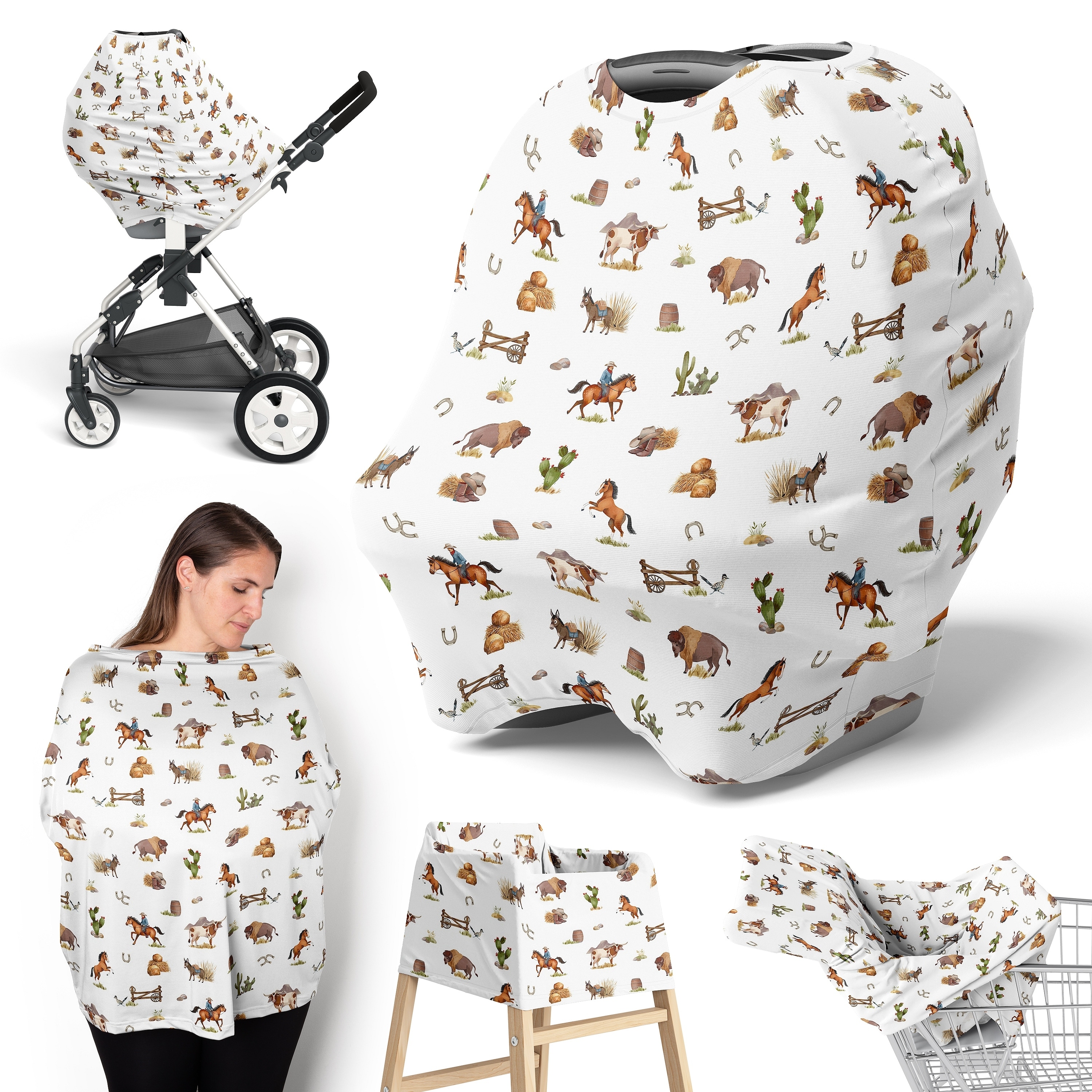 Sweet Jojo Designs Western Cowboy Boy 5 in 1 Baby Car Seat and Nursing Cover Wild West Southern Horse Steer Cow Farm Animal Tan