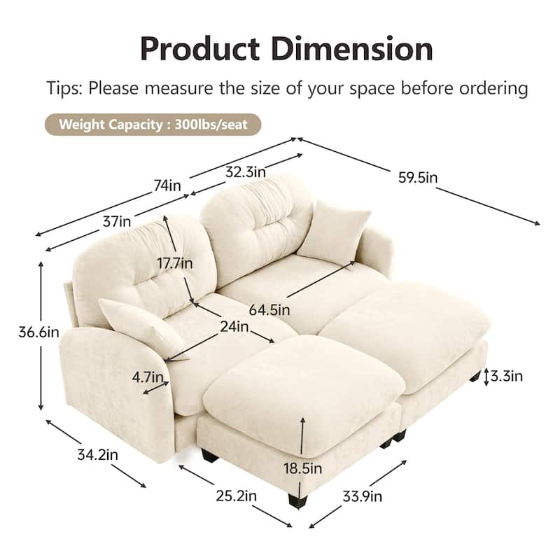 2 Seat Chenille Sofa Round Arms Sectional Sofa, Modern 74" Tufted Back Couch with Ottoman for Lving Room, Small Space