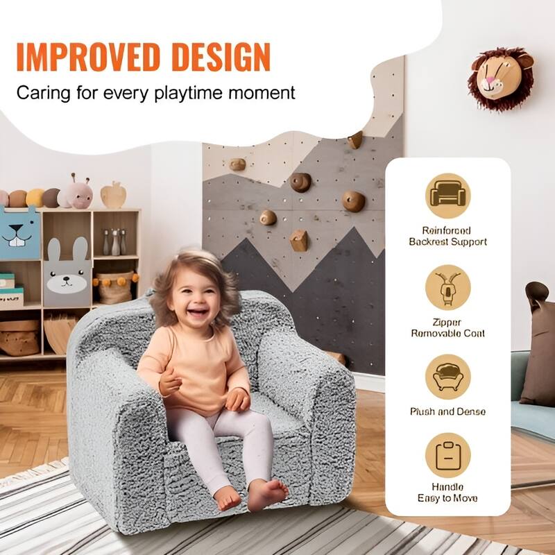 Grey Fleece Sponge Kids Sofa Chair with Strong Support and Zippers - 25” L x 18.11” W x 20.47” H