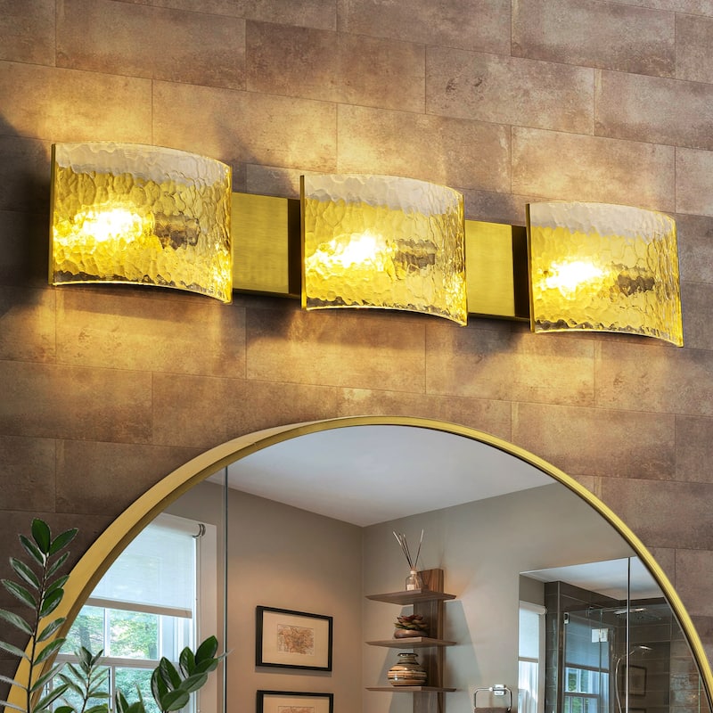 3-Light Wall Sconce with Glass Shades Modern Bathroom Vanity Light - 30" W x 2.8" D x 6" H - Brass