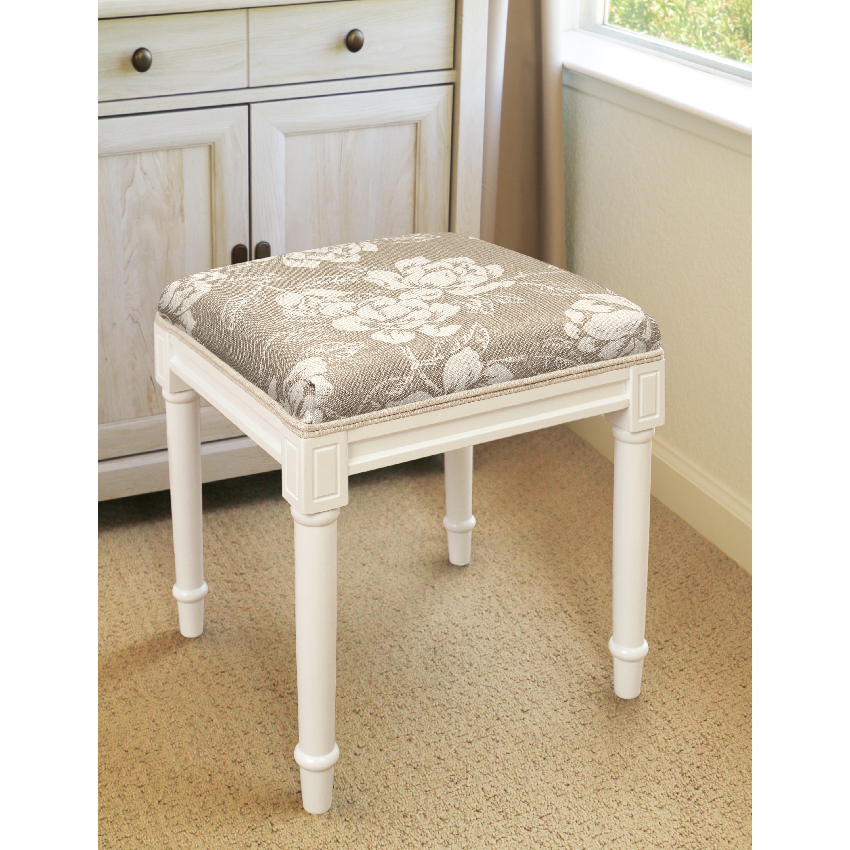 Taupe Magnolia Vanity Stool with White Frame