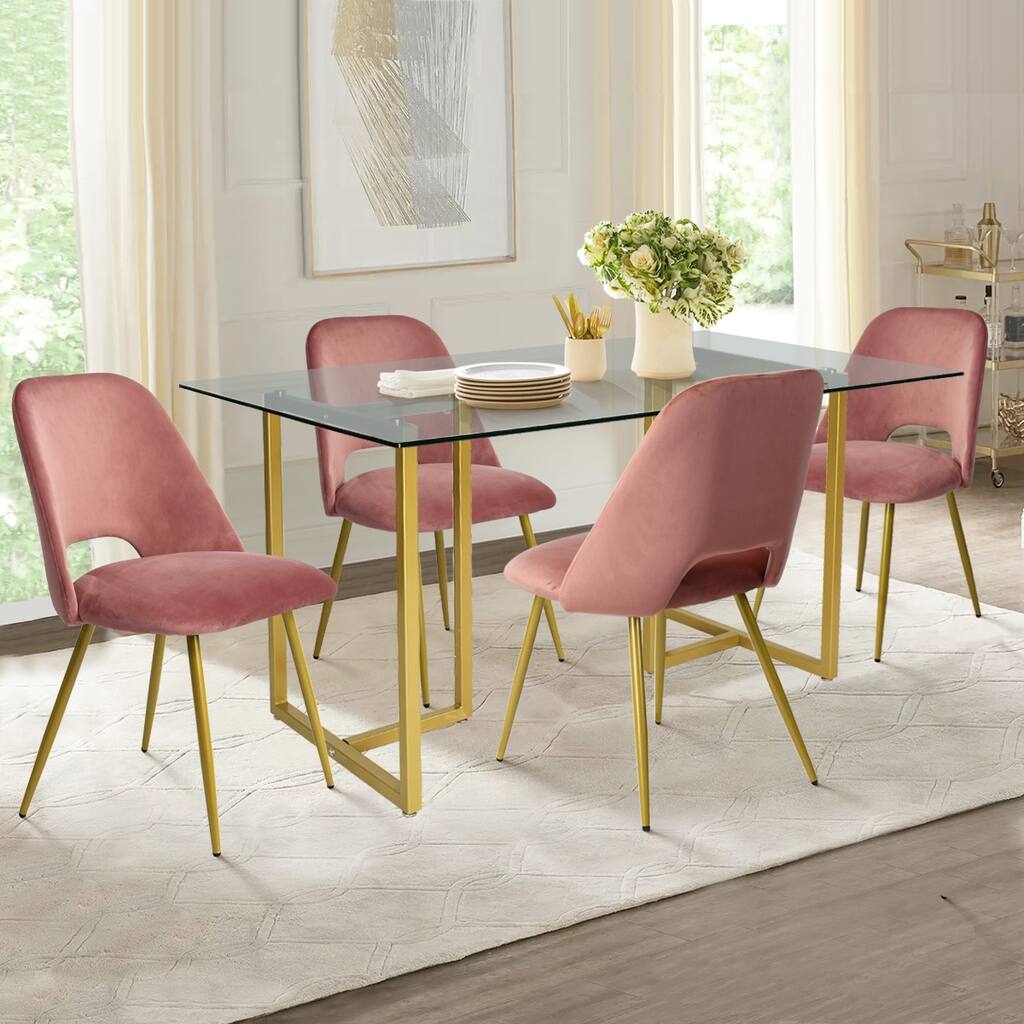 5 Piece Gold Glass Dining Table Set with Velvet Chairs