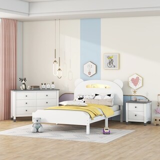 3-Pieces Bedroom Sets Kids Platform Bed with Nightstand & Storage Dresser, Kids Bed with Motion Activated Night Lights