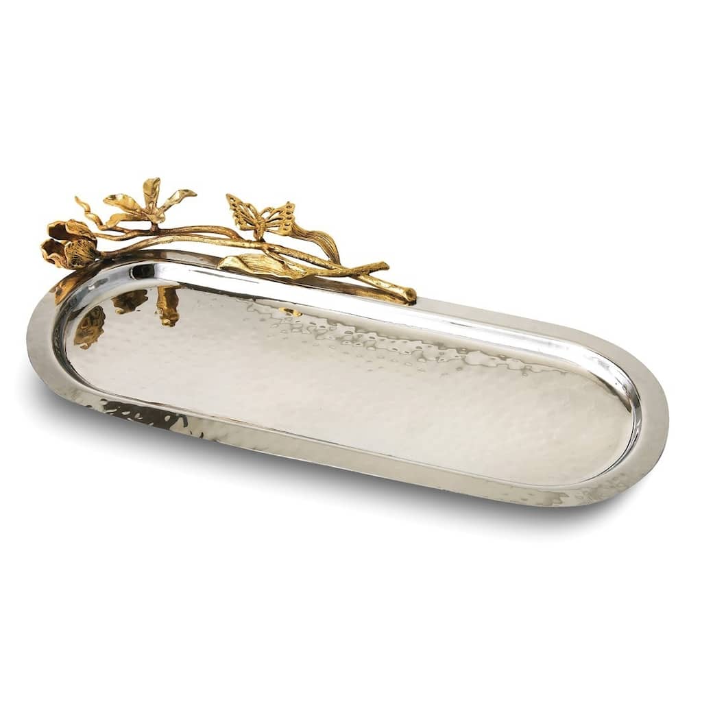 Curata Hammered Stainless Steel with Golden Butterfly Garden Trim Oval Tray