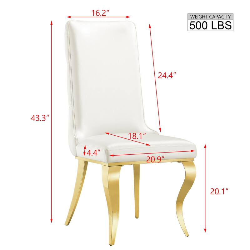 White leather dining chairs with gold legs