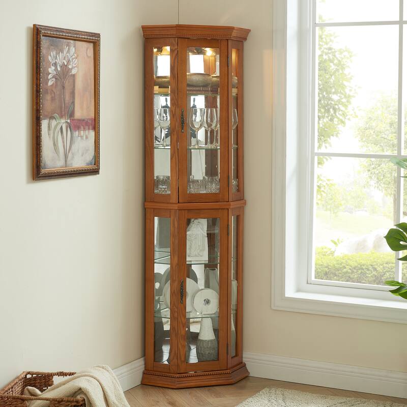 Elegant Lighted Corner Curio Cabinet with Adjustable Glass Shelves & Tempered Glass Doors for Display