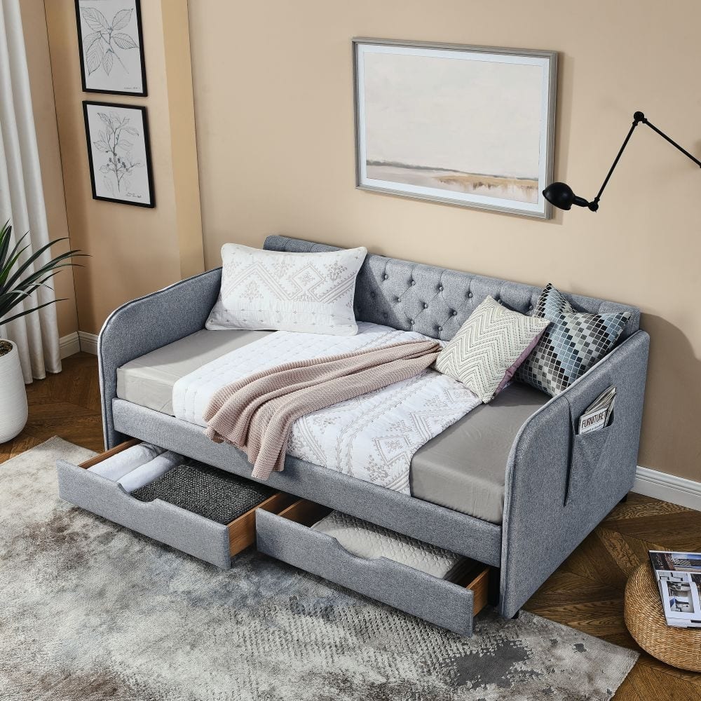 Twin Size Upholstery Daybed with Trundle Bed and Two Storage Drawers , Flat Arms with Pocket, Extendable Daybed