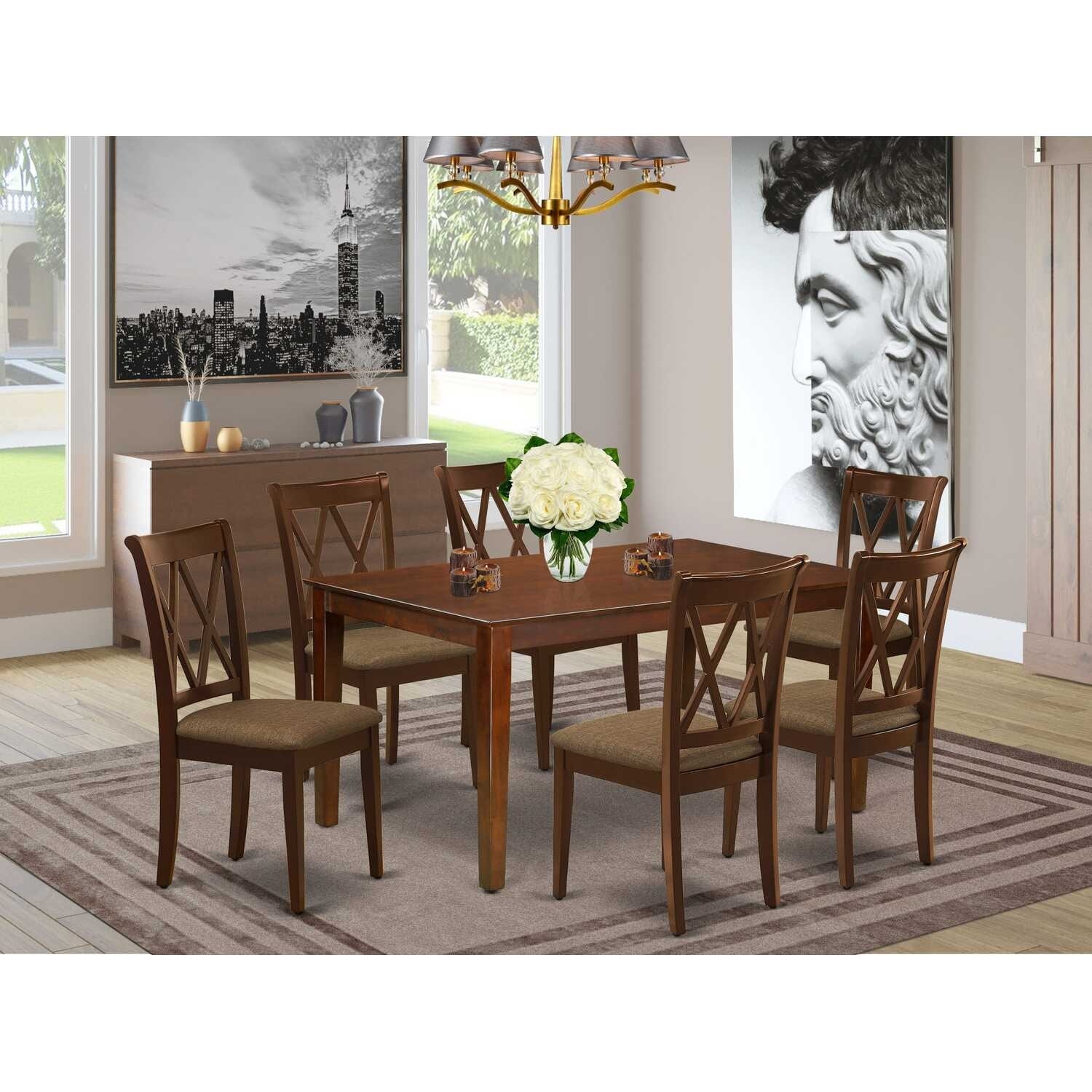 HomeStock 7-Piece Rectangle Mahogany Finish Solid Wood Top Dining Table with 6-Chairs with Cross Back