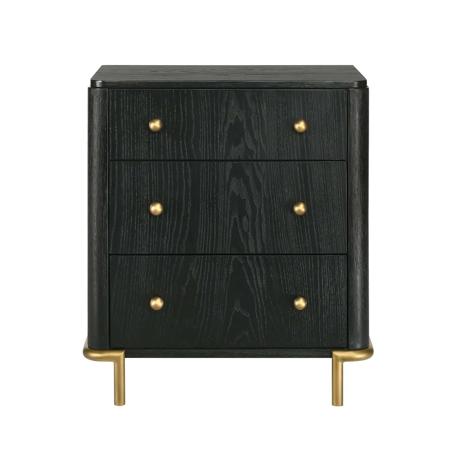 3 Drawers Wooden Nightstand with Built-in USB Port in Black and Gold