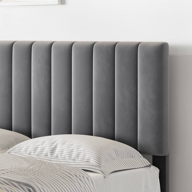 Bed Frame with Velvet Headboard Adjustable, Strong Wooden Slat Support